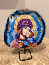 Load image into Gallery viewer, Extra Large natural genuine gemstone slice Mother Mary with Baby Jesus Christ religious icon with citrine gemstones -