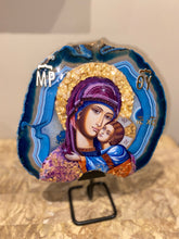 Load image into Gallery viewer, Extra Large natural genuine gemstone slice Mother Mary with Baby Jesus Christ religious icon with citrine gemstones -