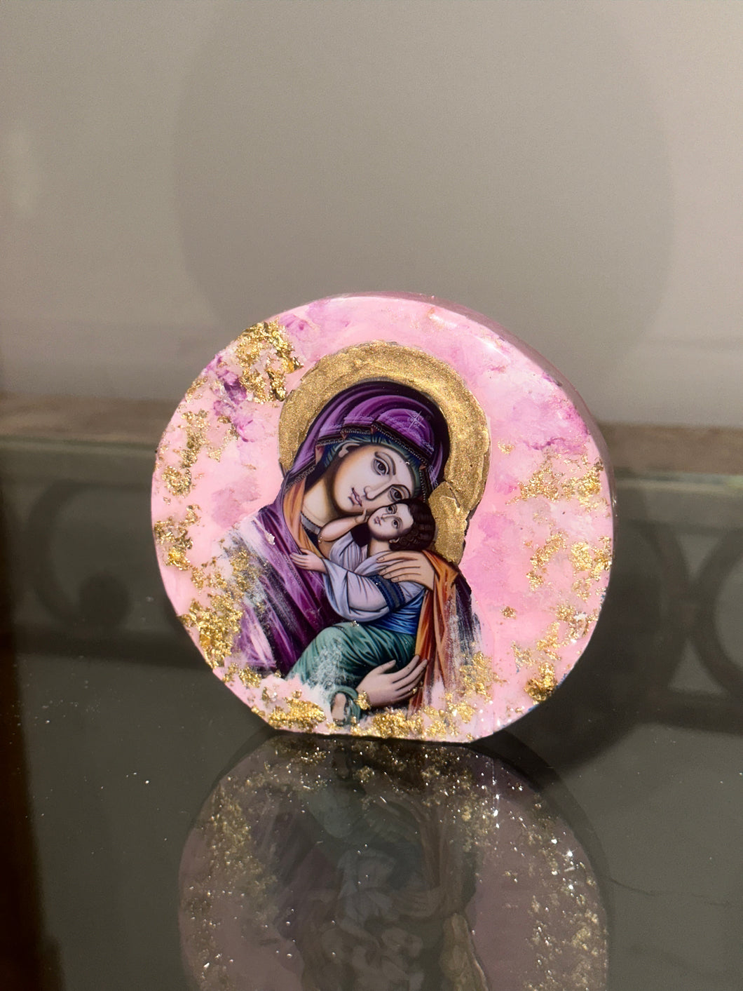 Ready to ship Mother Mary Panagia round wooden SIZE MINI