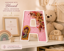 Load image into Gallery viewer, Letter A stone  religious icon with epitafio flowers