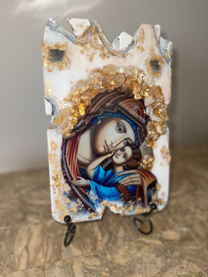 Ready to Ship Mary with baby Jesus with citrine gemstone- Panagia- religious icon