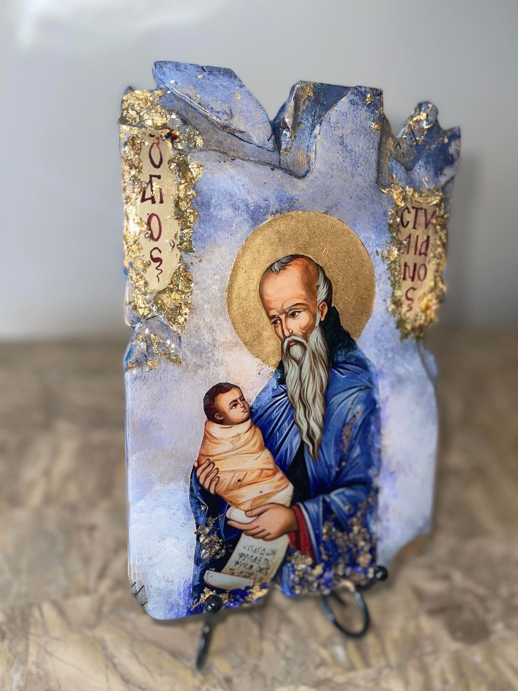 Saint stylianos  - religious wood epoxy resin handmade icon art - Only 1 off - Original