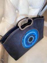 Load image into Gallery viewer, Mati evil eye embossed hand painted leather handbag