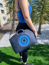 Load image into Gallery viewer, Mati evil eye embossed hand painted leather handbag