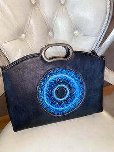 Mati evil eye embossed hand painted leather handbag