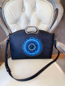 Mati evil eye embossed hand painted leather handbag