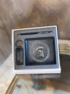 Mens Leather wallet gift box with pen and key ring
