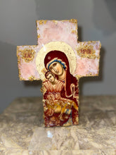 Load image into Gallery viewer, Free standing &amp; wall mounting cross with saint image - made to order