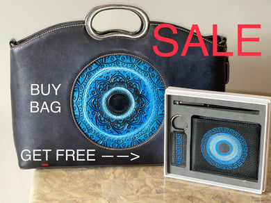 Mati evil eye embossed hand painted leather handbag