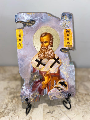 Saint Athanasius religious wood epoxy resin handmade icon art - Only 1 off - Original