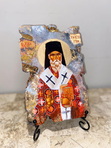 Saint Nektarios religious wood epoxy resin handmade icon art - Only 1 off - Original