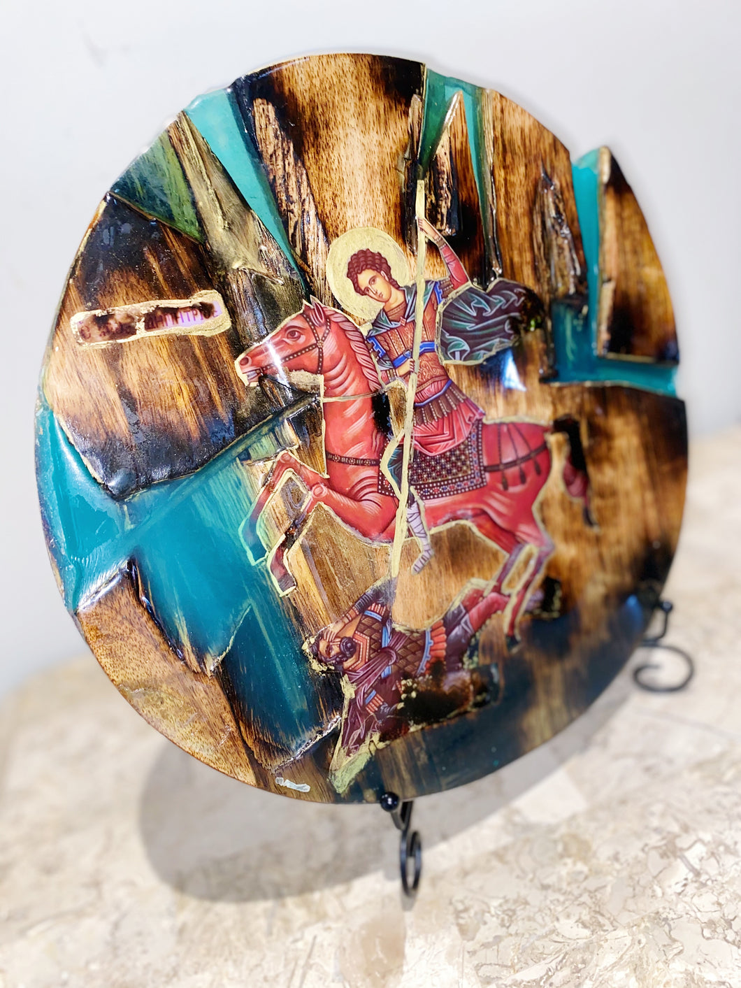 Saint Demetrios religious wood epoxy resin handmade icon art- Agios Dimitrios- Only 1 off - Original