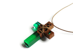 Green resin wood cross necklace