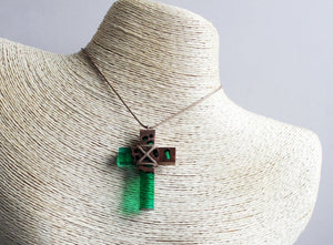 Green resin wood cross necklace
