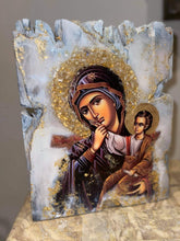 Load image into Gallery viewer, Medium Mother Mary &amp; baby Jesus religious icon with natural citrine gemstones