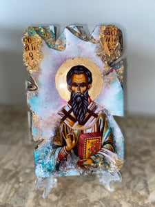 Saint Basil / Vasilios - religious wood epoxy resin handmade icon art - Only 1 off - Original