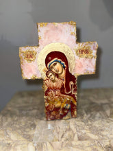 Load image into Gallery viewer, Free standing &amp; wall mounting cross with saint image - made to order