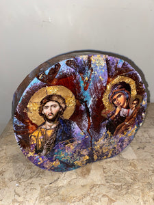 Mother Mary & Jesus Christ- religious wood epoxy resin handmade icon art - Only 1 off - Original