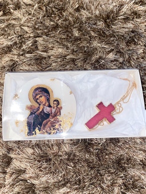 Gift Set - Mother Mary Icon & Pink Resin Cross