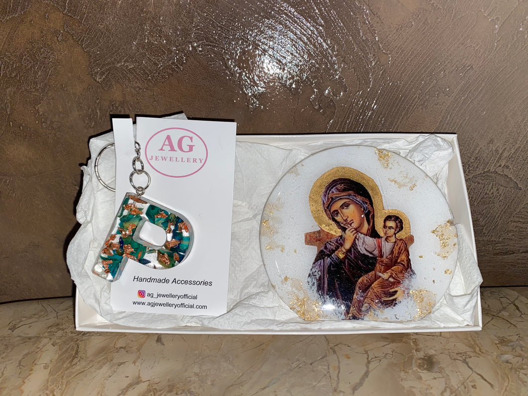 Gift Set - Mother Mary Icon &  P Keyring