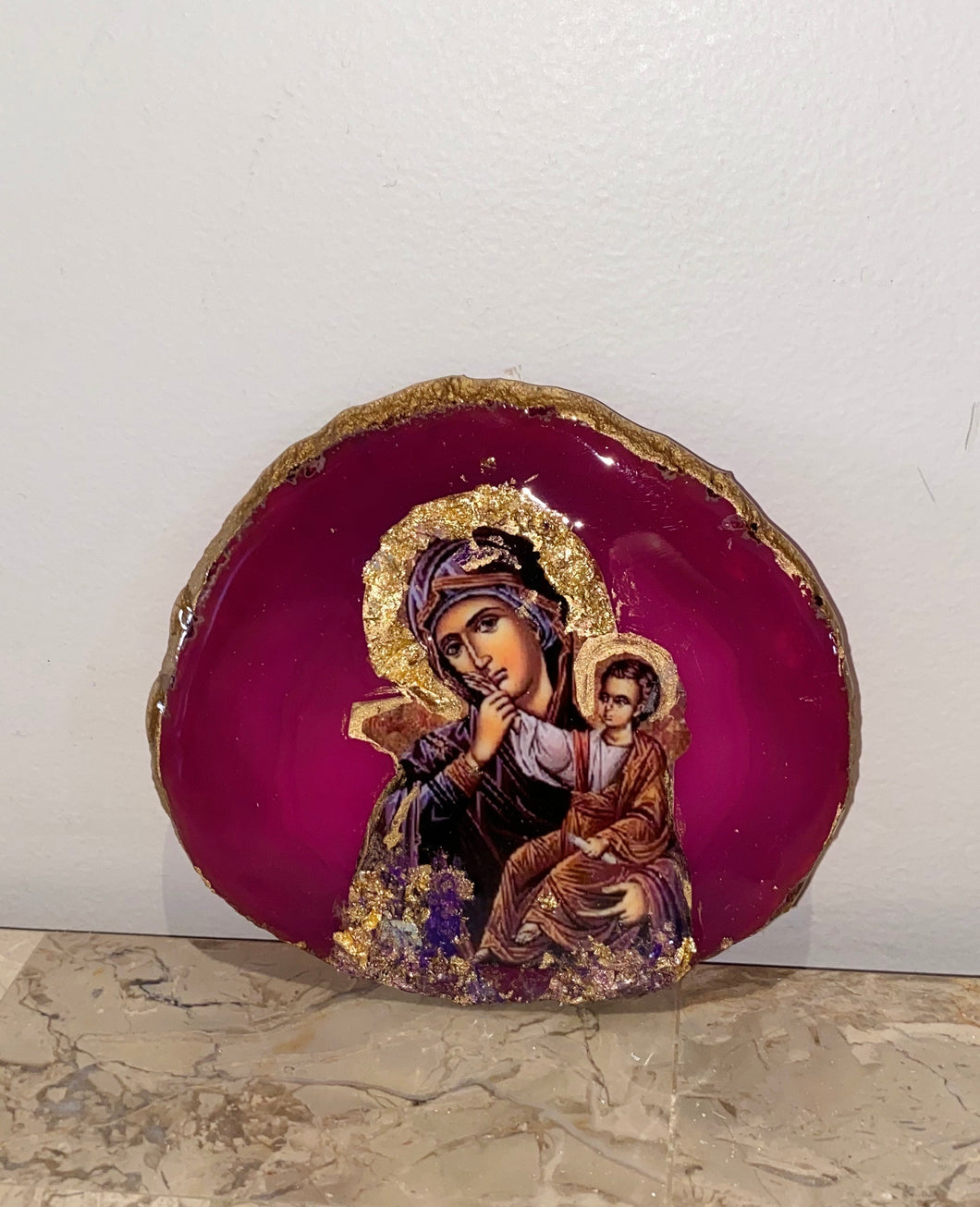 Natural agate stone Mother Mary religious icon