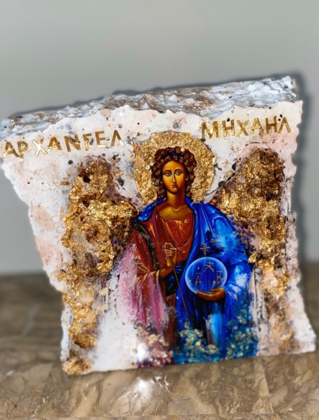 Archangel Saint Michael religious icon stone epoxy resin handmade icon art - Only 1 off - Original