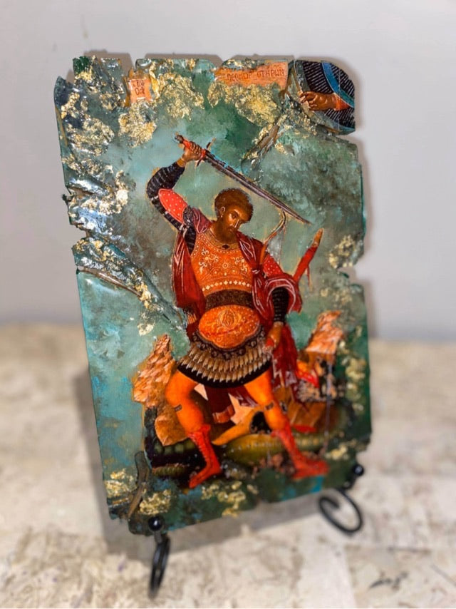 Saint Theodore religious wood epoxy resin handmade icon art - Only 1 off - Original