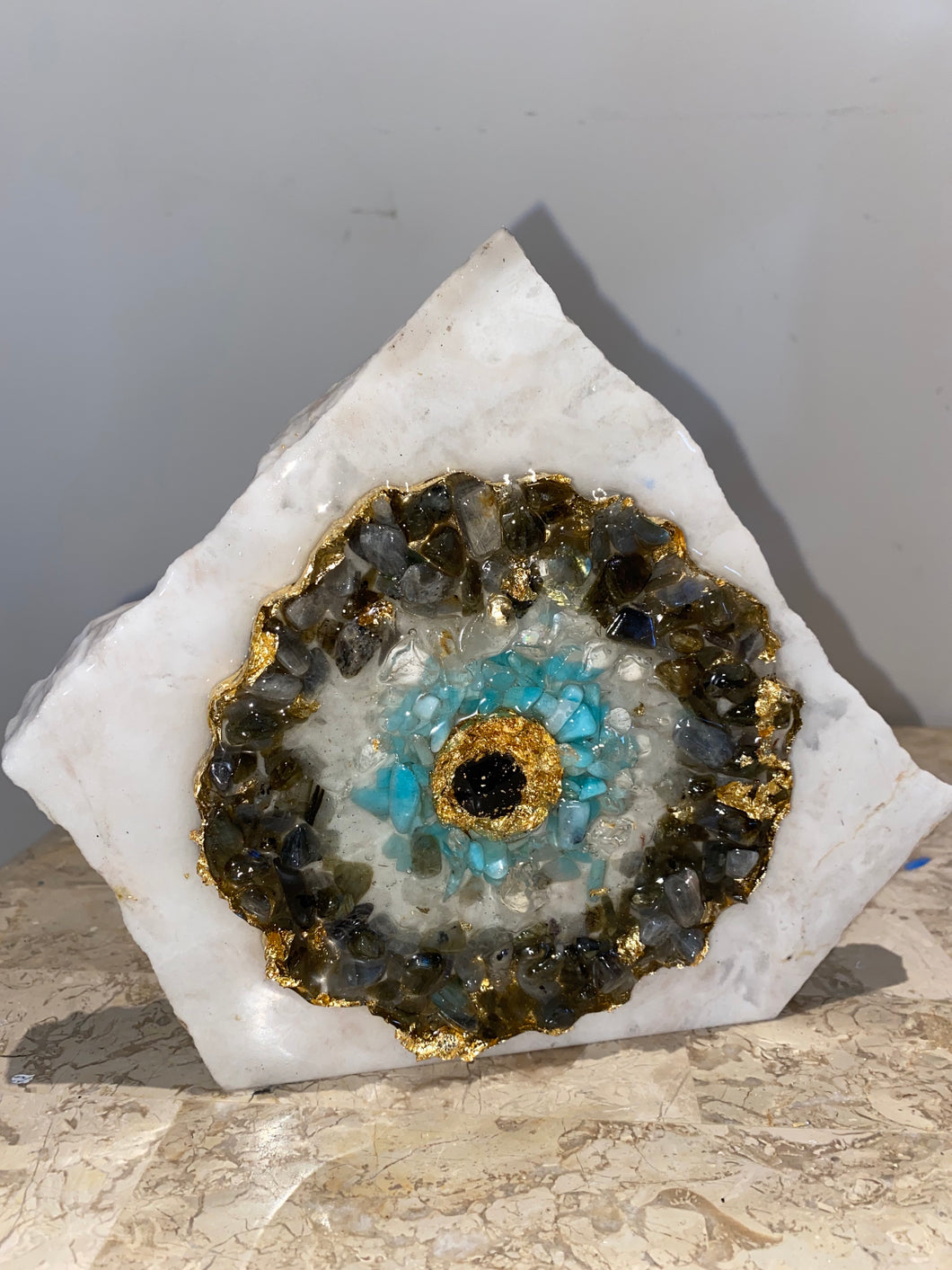Natural gemstone Mati evil eye on white marble - free standing - used as evil eye