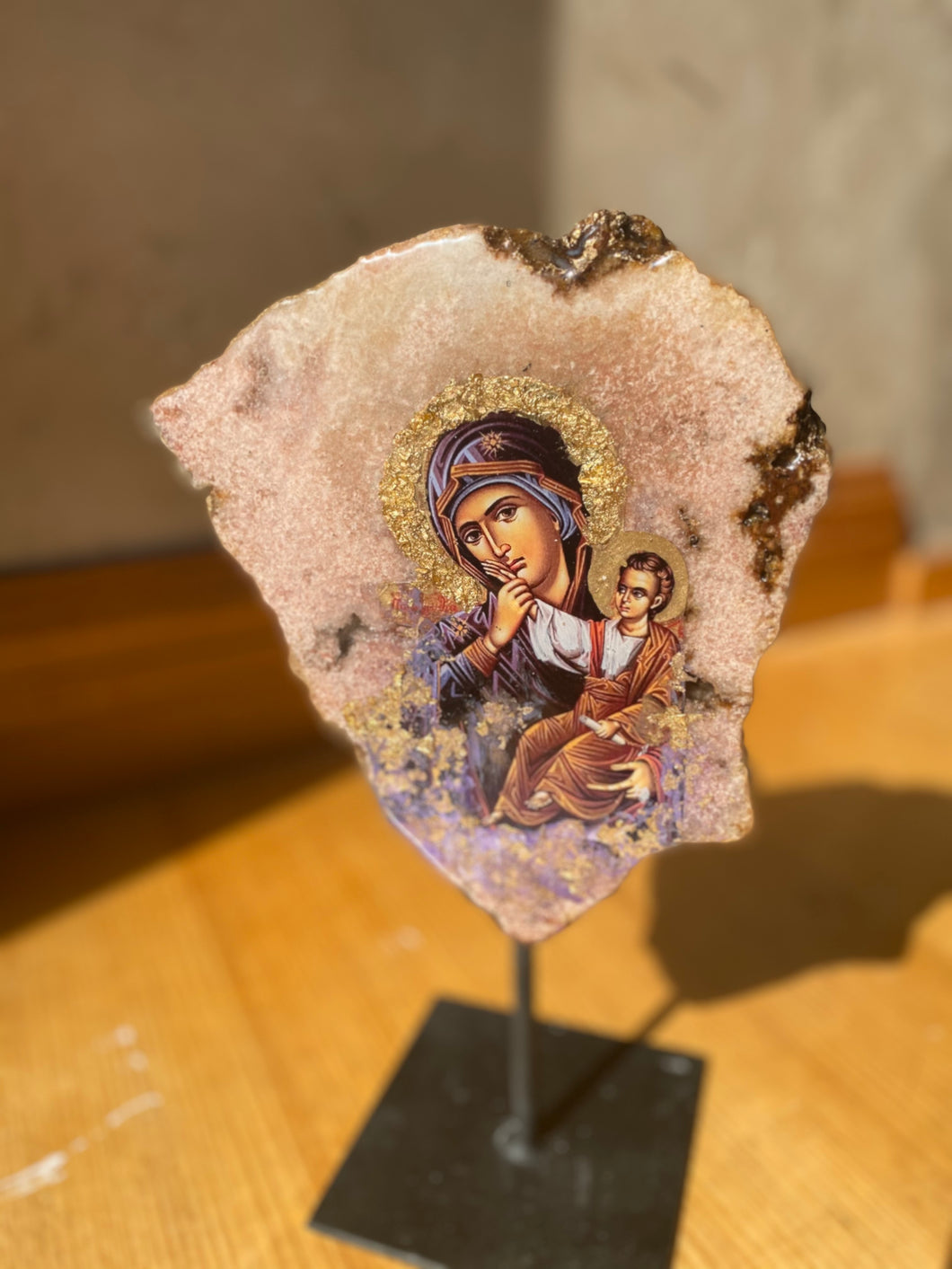 Pink Amethyst Stone / Mother Mary Icon -Ready to ship