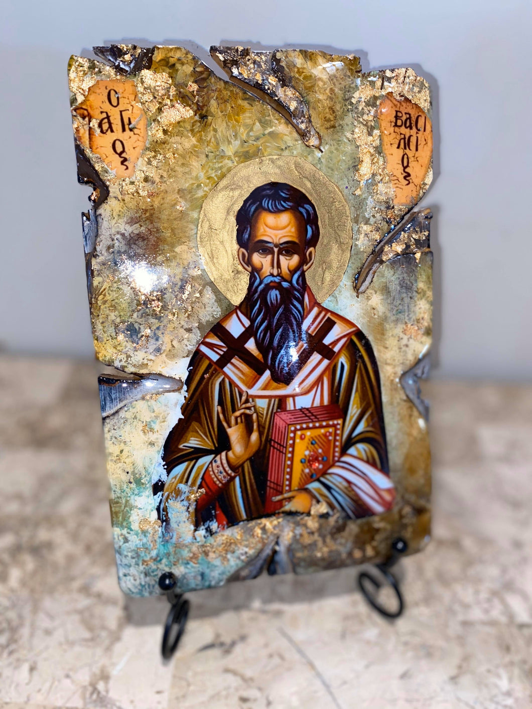 Saint Vasilios - religious wood epoxy resin handmade icon art - Only 1 off - Original
