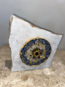 Natural gemstone Mati evil eye on white marble - free standing - used as evil eye