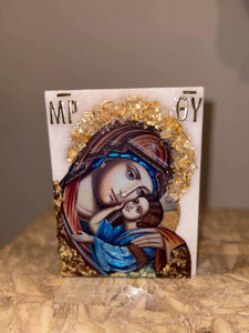 Mother Mary & baby Jesus religious icon with natural citrine gemstones