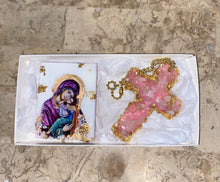 Load image into Gallery viewer, GIFT SET Mother Mary Freestanding block &amp; Rose quartz Gemstone Cross