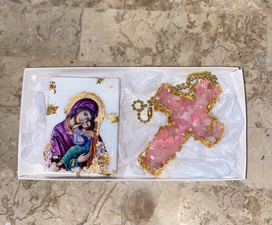 GIFT SET Mother Mary Freestanding block & Rose quartz Gemstone Cross