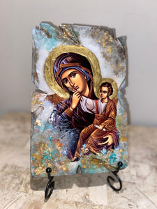Mary with baby Jesus - Panagia- religious wood epoxy resin handmade icon art - Only 1 off - Original