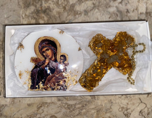 GIFT SET Mother Mary Icon & Citrine Gemstone Cross