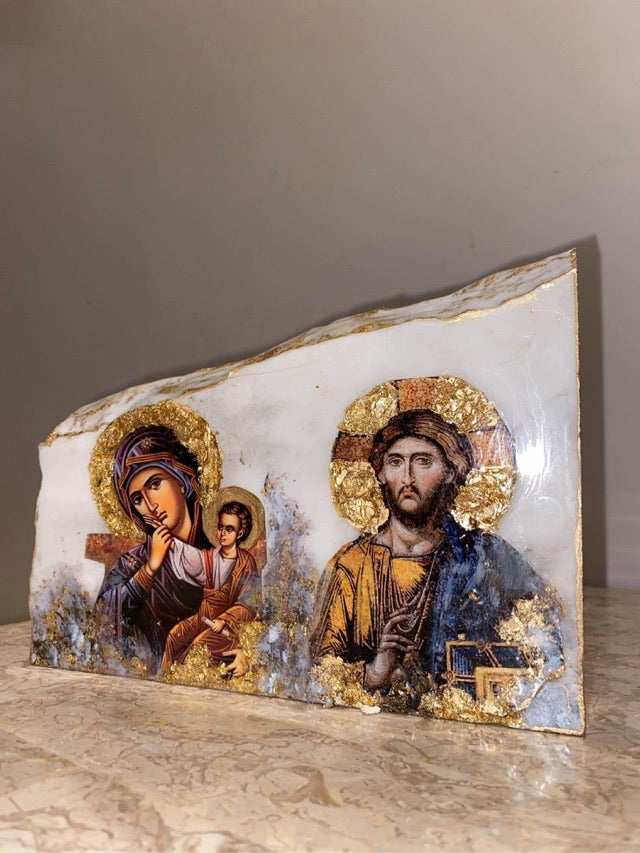 2 image - MADE TO ORDER Mother Mary with baby Jesus (Panagia) and Jesus in marble - ONE OFF PIECE religious icon