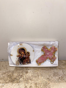 Gift Set - Mother Mary Icon & Rose quartz Gemstone Cross MADE TO ORDER