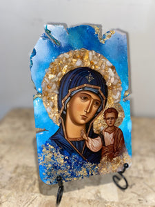 Mary with baby Jesus with citrine gemstone- Panagia- religious wood epoxy resin handmade icon art - Only 1 off - Original