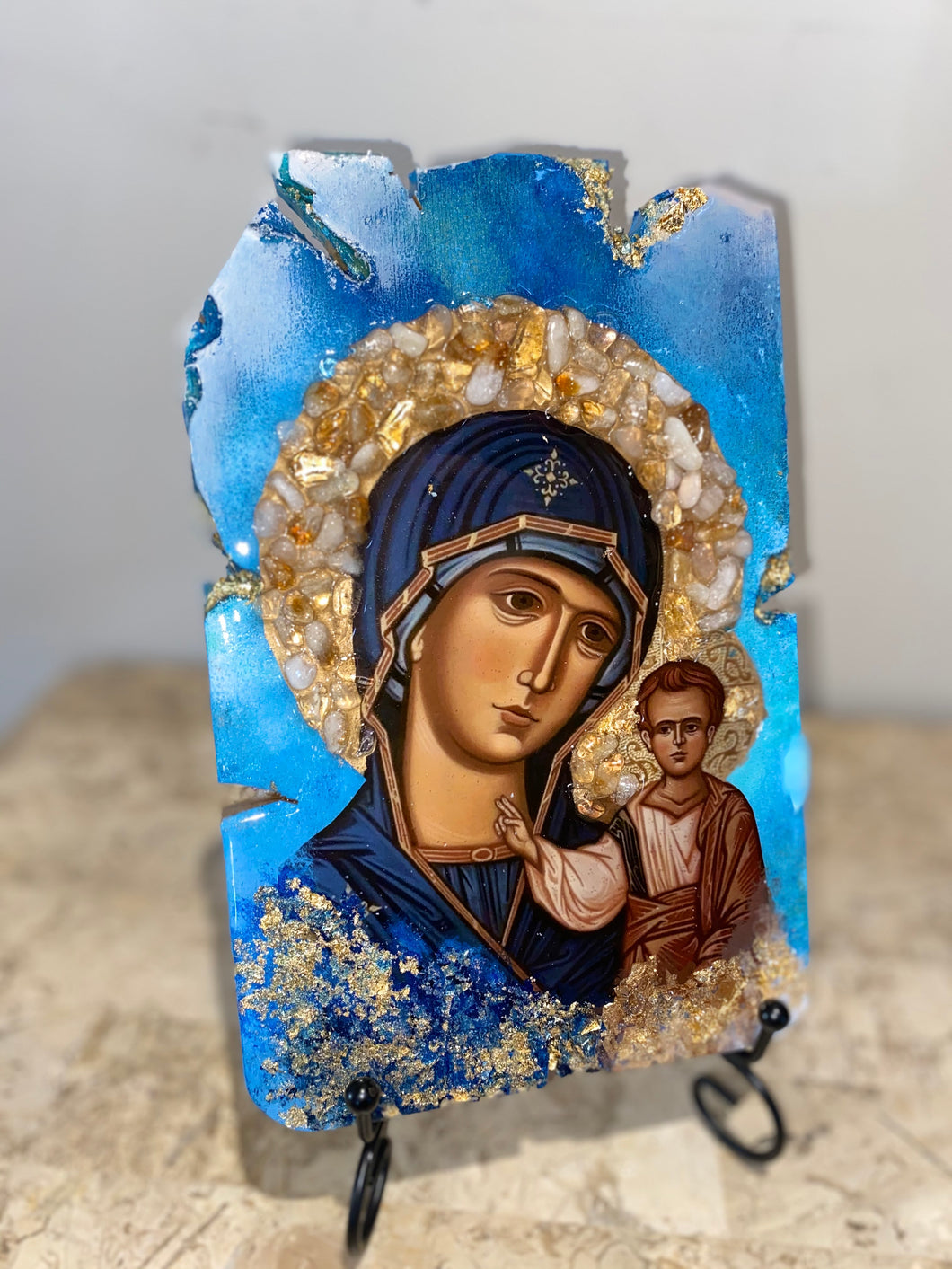 Mary with baby Jesus with citrine gemstone- Panagia- religious wood epoxy resin handmade icon art - Only 1 off - Original