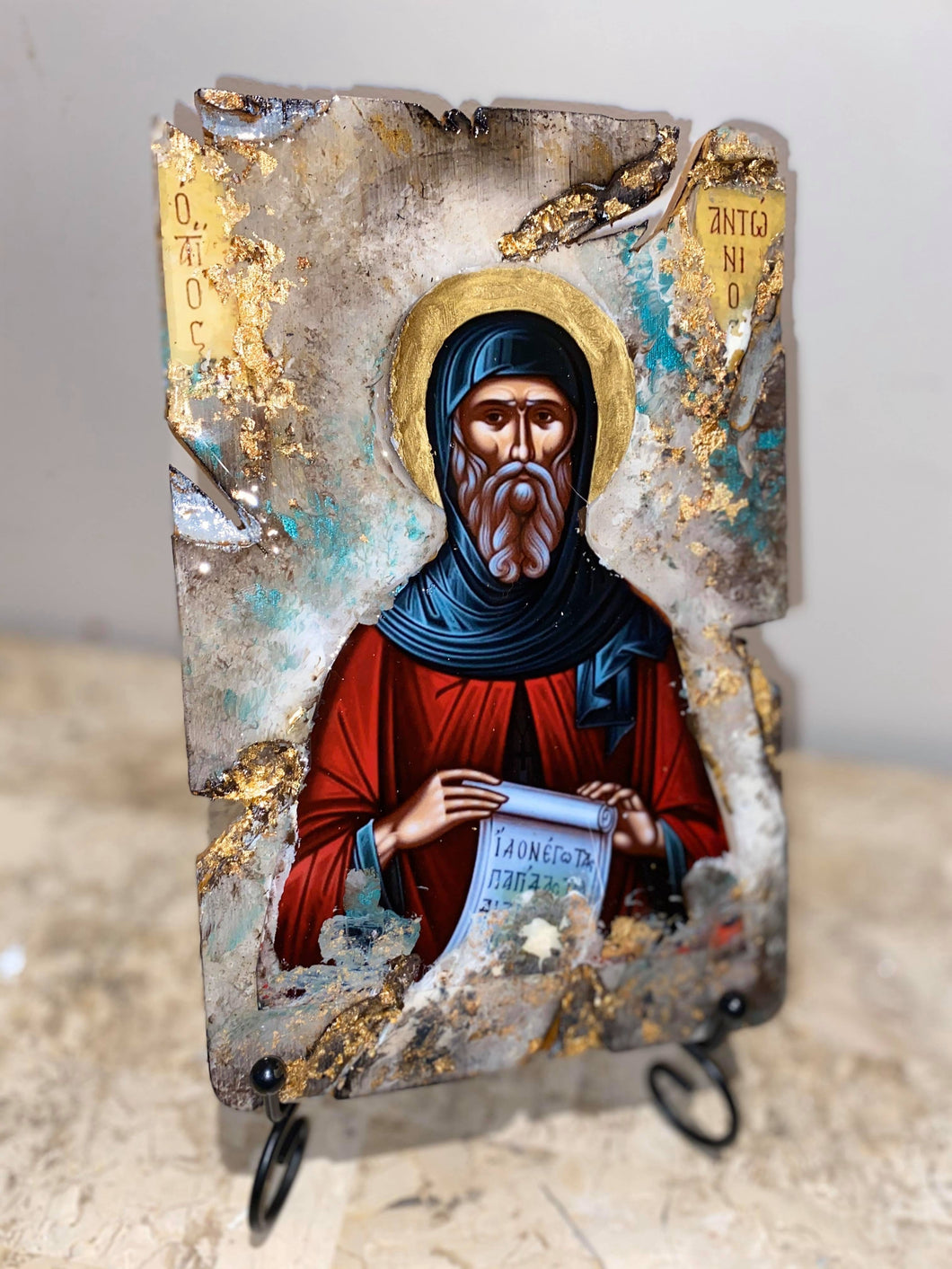 Saint Anthony Antonios - religious wood epoxy resin handmade icon art - Only 1 off - Original