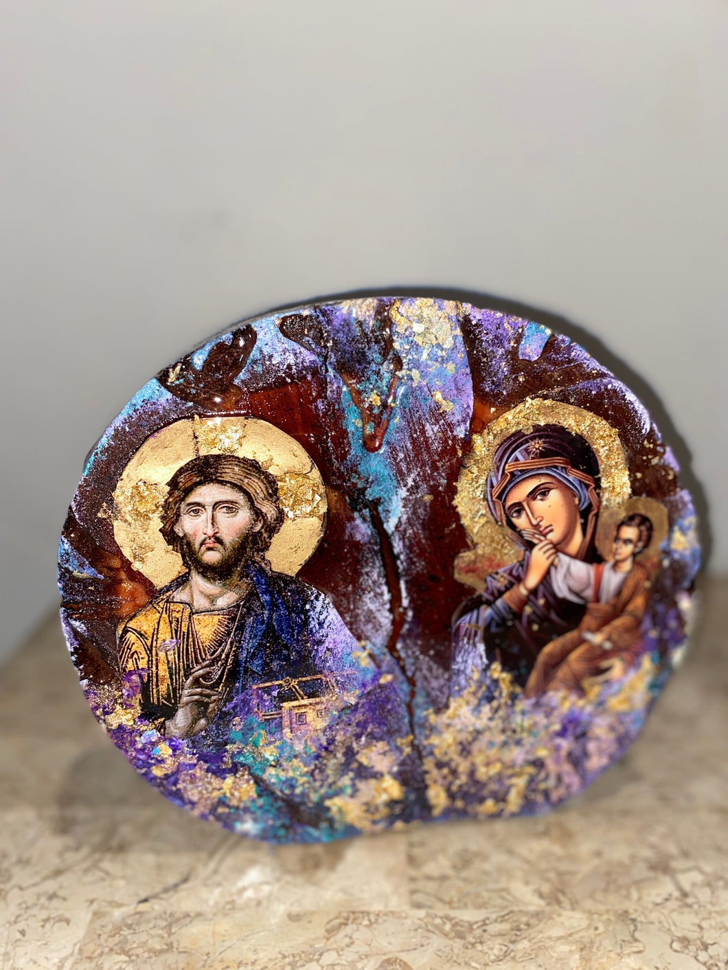 Mother Mary & Jesus Christ- religious wood epoxy resin handmade icon art - Only 1 off - Original