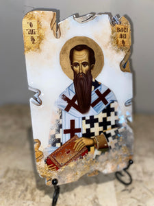 Saint Vasilios - religious wood epoxy resin handmade icon art - Only 1 off - Original