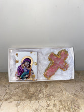 Load image into Gallery viewer, GIFT SET Mother Mary Freestanding block &amp; Rose quartz Gemstone Cross