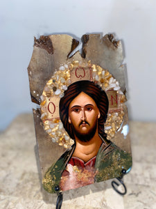 Jesus Christ with citrine gemstone religious icon