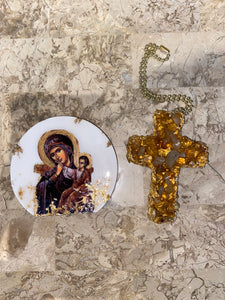 GIFT SET Mother Mary Icon & Citrine Gemstone Cross