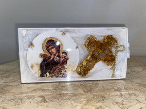 GIFT SET Mother Mary Icon & Citrine Gemstone Cross