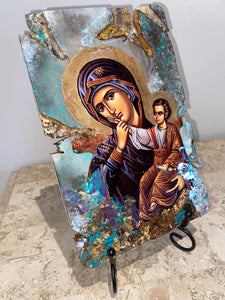 Mary with baby Jesus - Panagia- religious wood epoxy resin handmade icon art - Only 1 off - Original