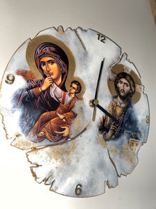 Clock religious icon mother Mary and Jesus