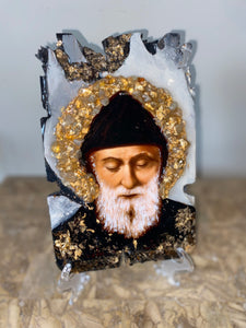 Saint Charbel with citrine gemstone religious icon